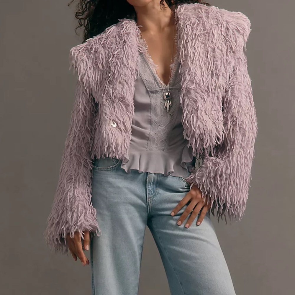 NEW By Anthropologie Faux-Feather Fuzzy Crop Jacket